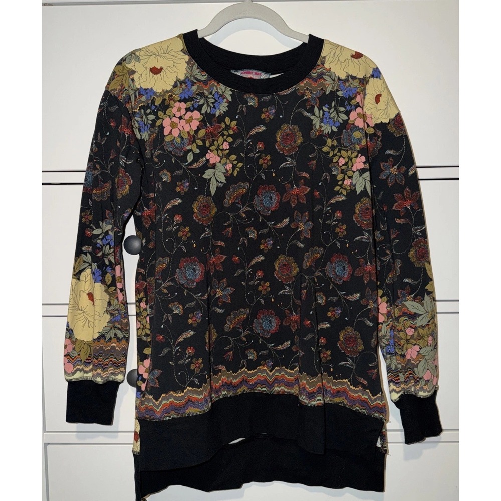 JOHNNY WAS XXS Floral Hi Low Sweatshirt Boho Mixed Print Tunic Black Romantic